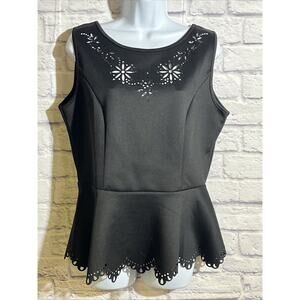 NWT INC Women’s Black Sleeveless Peplum Tank L Floral Cut Out Scalloped Hem